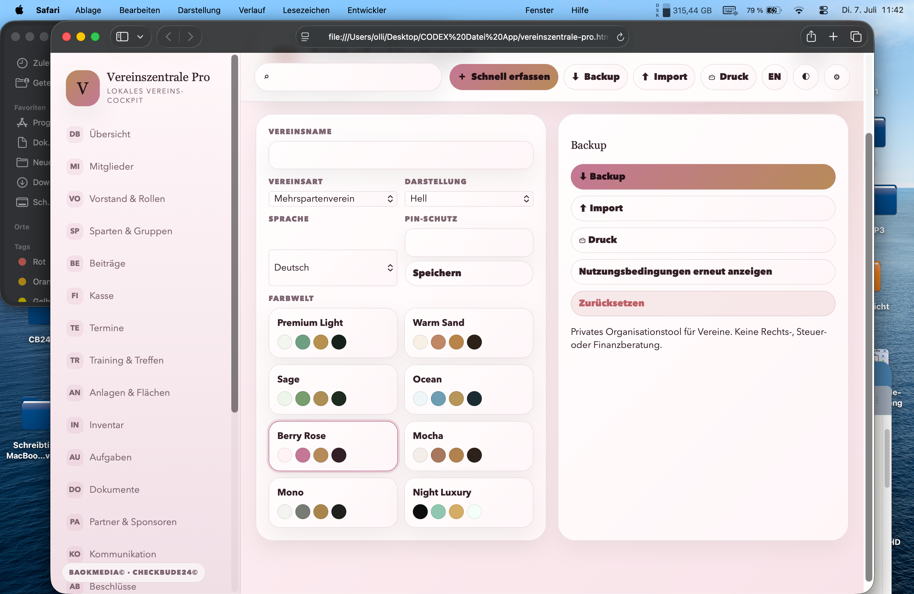 Vereinszentrale Pro HTML-App, Vereinsverwaltung offline, Mitglieder Beiträge Termine Kasse Dokumente Dashboard