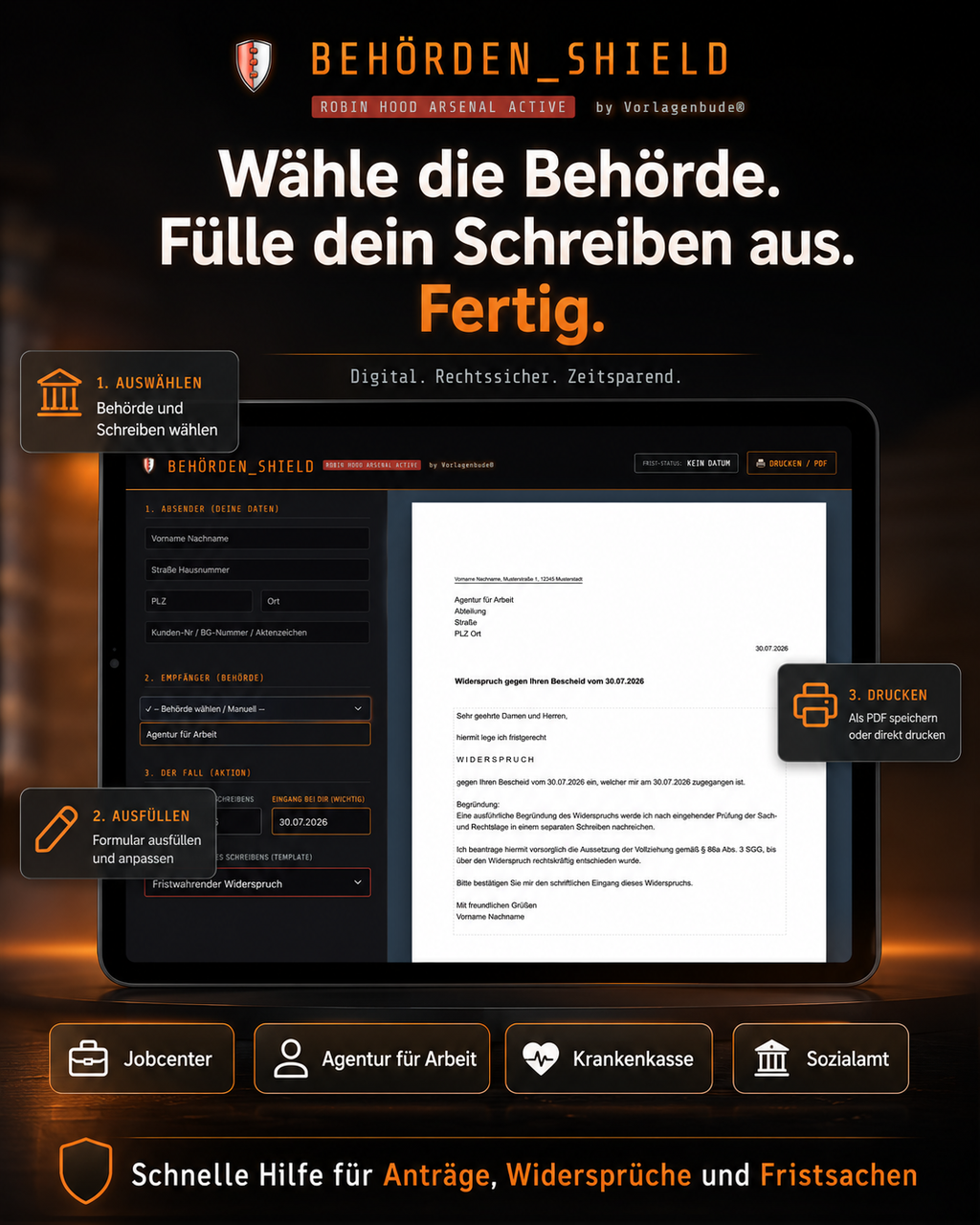 Government Shield | 30 Legally Sound Templates & Appeals for Job Centers, Tax Offices, Health Insurance | Form Generator | 100% Offline Tool