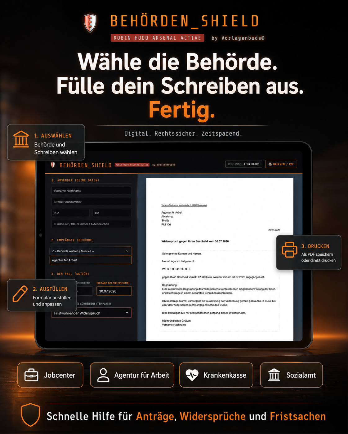 Government Shield | 30 Legally Sound Templates & Appeals for Job Centers, Tax Offices, Health Insurance | Form Generator | 100% Offline Tool