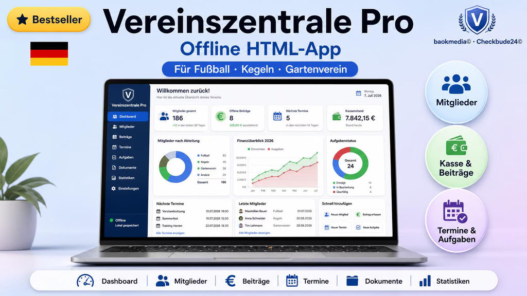 Vereinszentrale Pro HTML-Anwendung , Vereinsverwaltung offline, Mitglieder Beiträge Termine Kasse Dokumente Dashboard