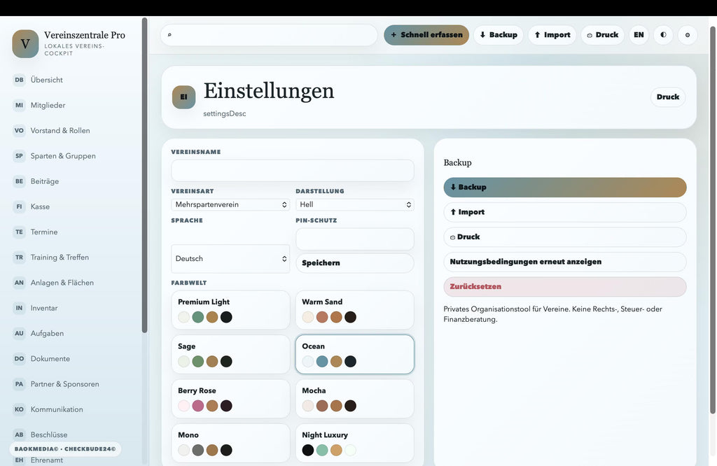 Vereinszentrale Pro HTML-Anwendung , Vereinsverwaltung offline, Mitglieder Beiträge Termine Kasse Dokumente Dashboard