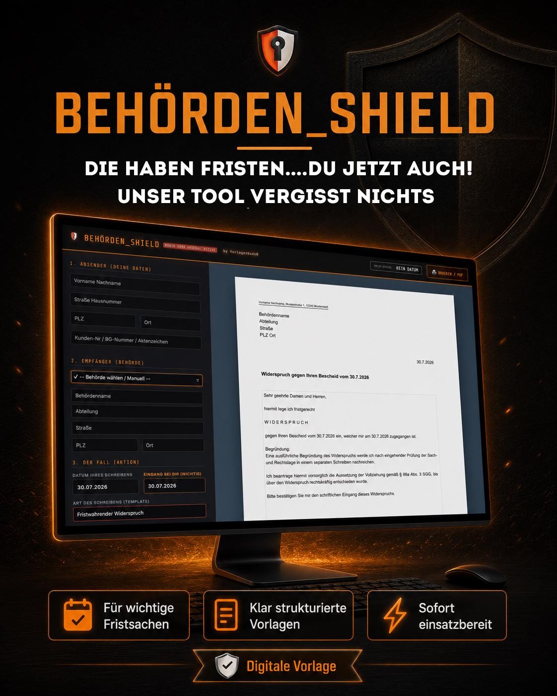 Behörden-Shield | 30 rechtssichere Vorlagen & Widersprüche für Jobcenter, Finanzamt, Krankenkasse | Formular Generator | 100% Offline Tool